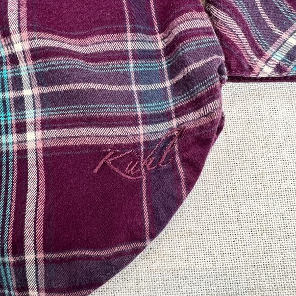 Kuhl Womens Flannel Shirt Long Sleeve 1/2 Snap Button Purple Teal Plaid Large - Picture 5 of 11